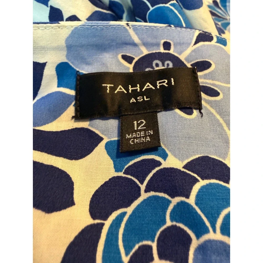 Tahari ASL BlueWhite Floral Ruffle  Cutout Fit Flare Dress 12 boho whimsi dainty - Picture 8 of 9